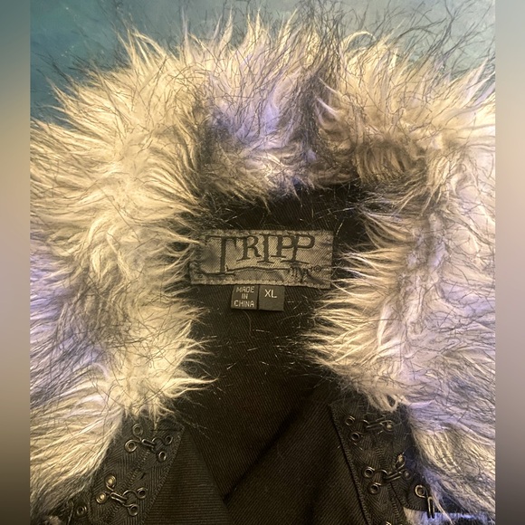 Tripp NYC Y2k Goth Jacket black Denim Faux Fur Collar Cuffs AS NEW - Picture 3 of 8